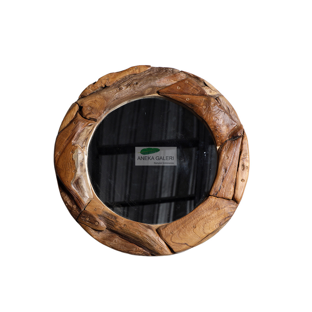 Round Teak Mirror w/ Irreguler Wood Cut